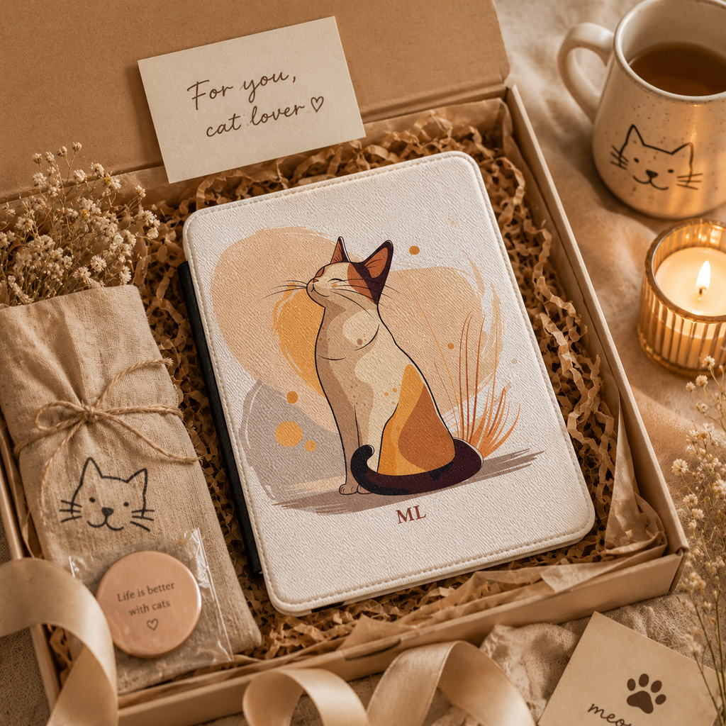 Personalized calico cat portrait kindle case styled as a wrapped gift