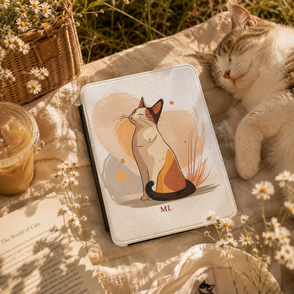 Personalized calico cat portrait kindle case shown in a lifestyle setting