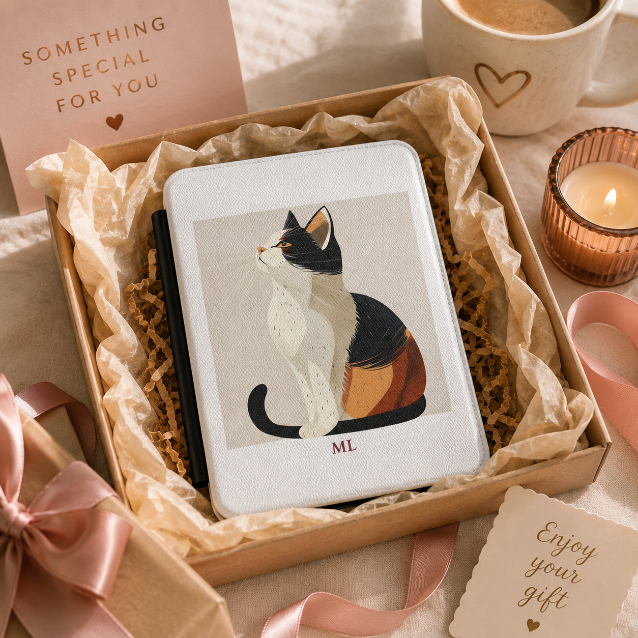 Personalized calico cat profile kindle case styled as a wrapped gift