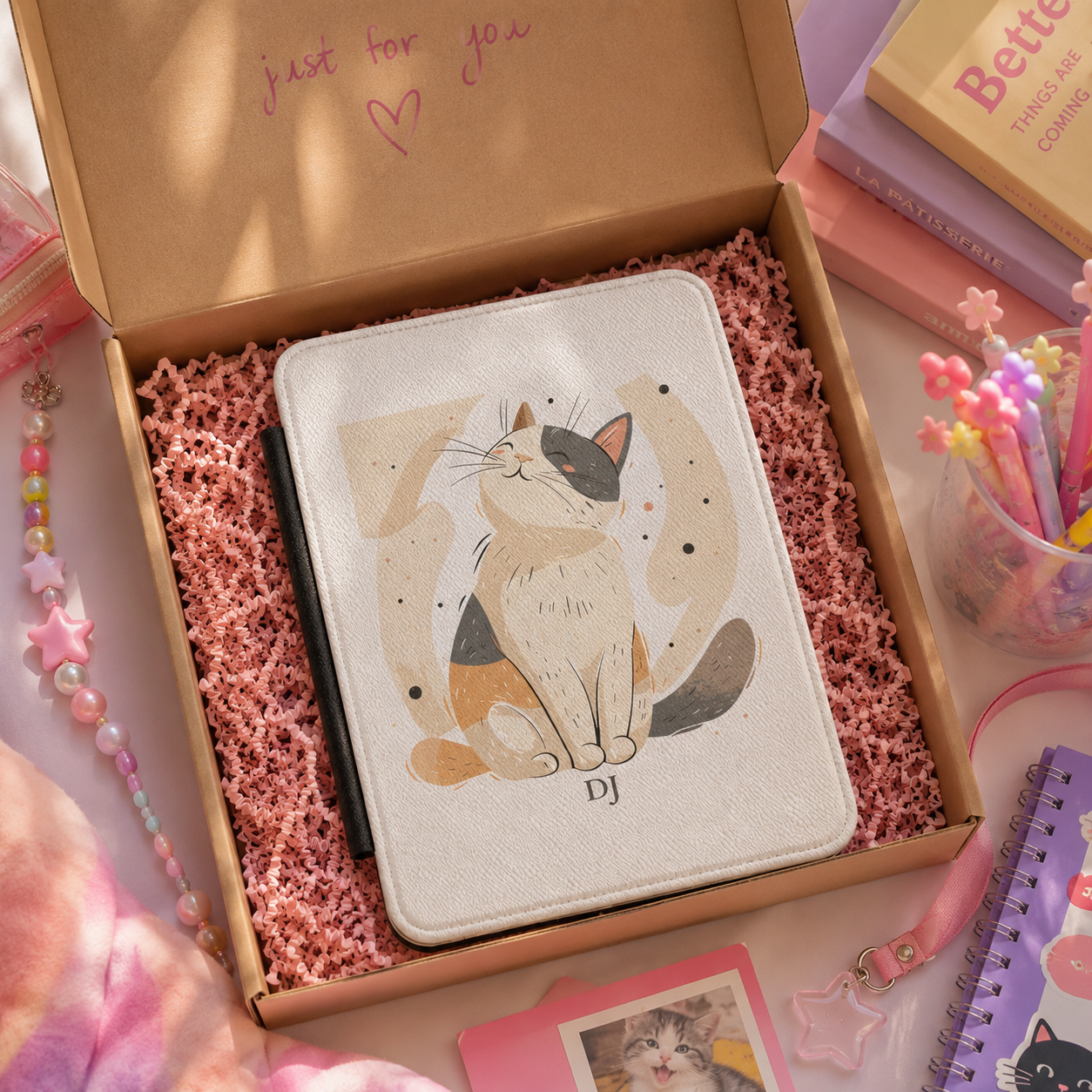 Personalized sleepy cream cat kindle case styled as a wrapped gift