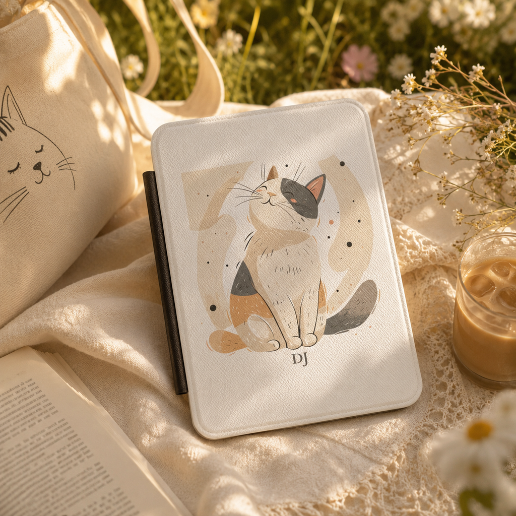 Personalized sleepy cream cat kindle case shown in a lifestyle setting