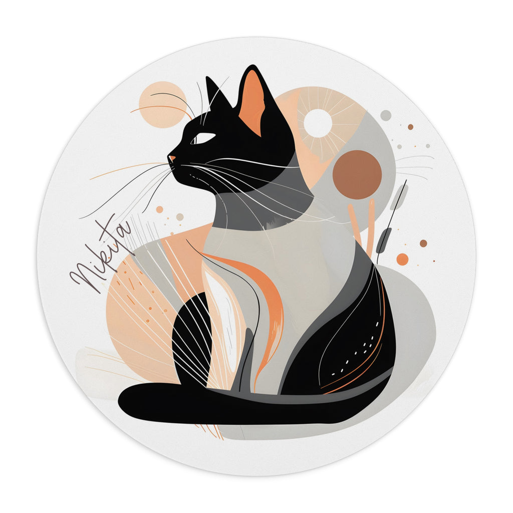 Personalized round cat mouse pad with custom name, bold graphic design