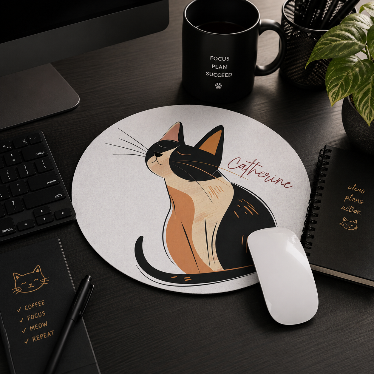 Close-up of neoprene texture and stitched edge on calico line art cat mouse pad
