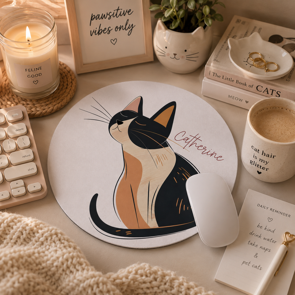 Personalized calico line art cat mouse pad styled on a home office desk