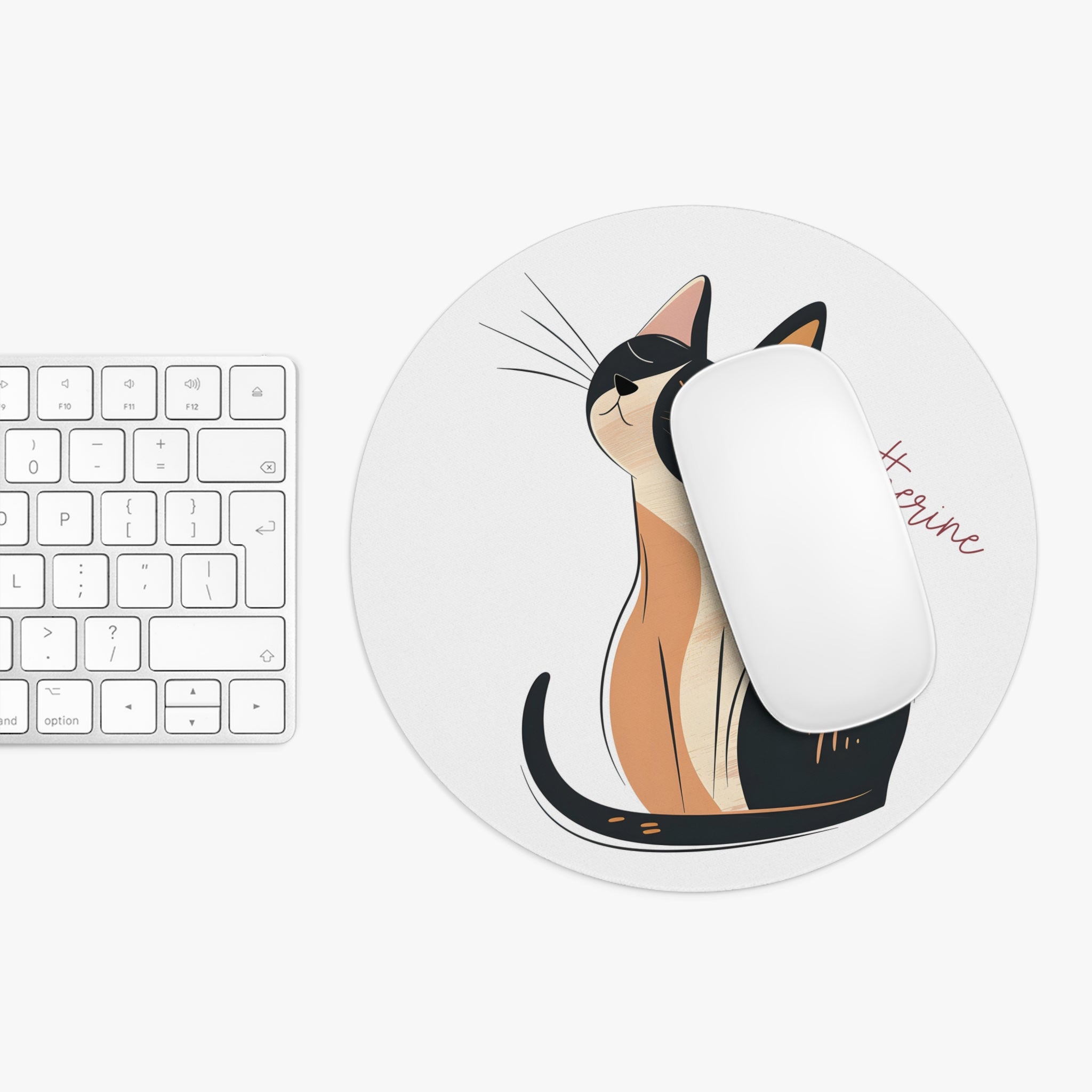 Personalized calico line art cat mouse pad shown at true size next to a keyboard