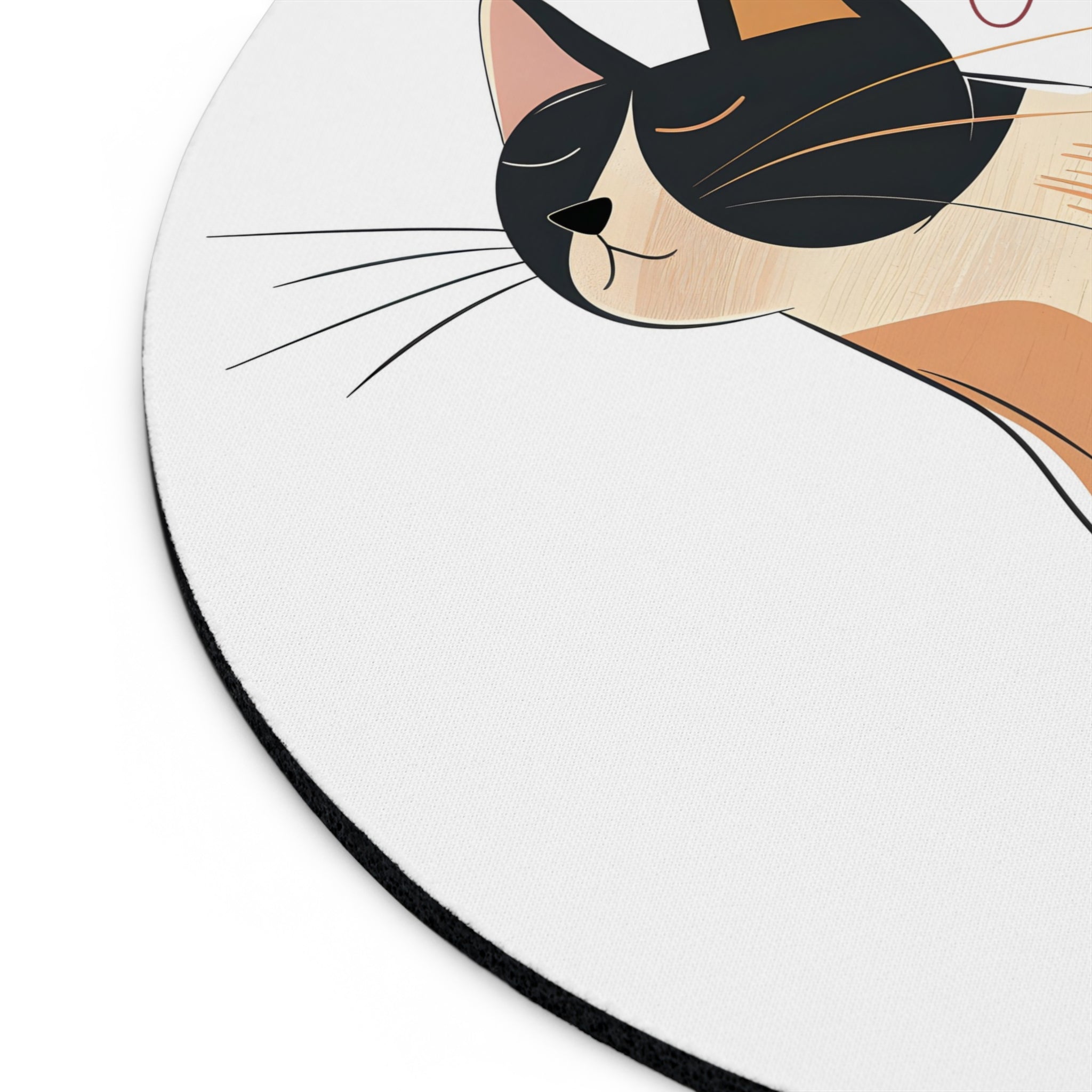 Underside of personalized calico line art cat mouse pad showing non-slip rubber base