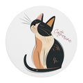 Personalized round cat mouse pad with custom name, calico line art design