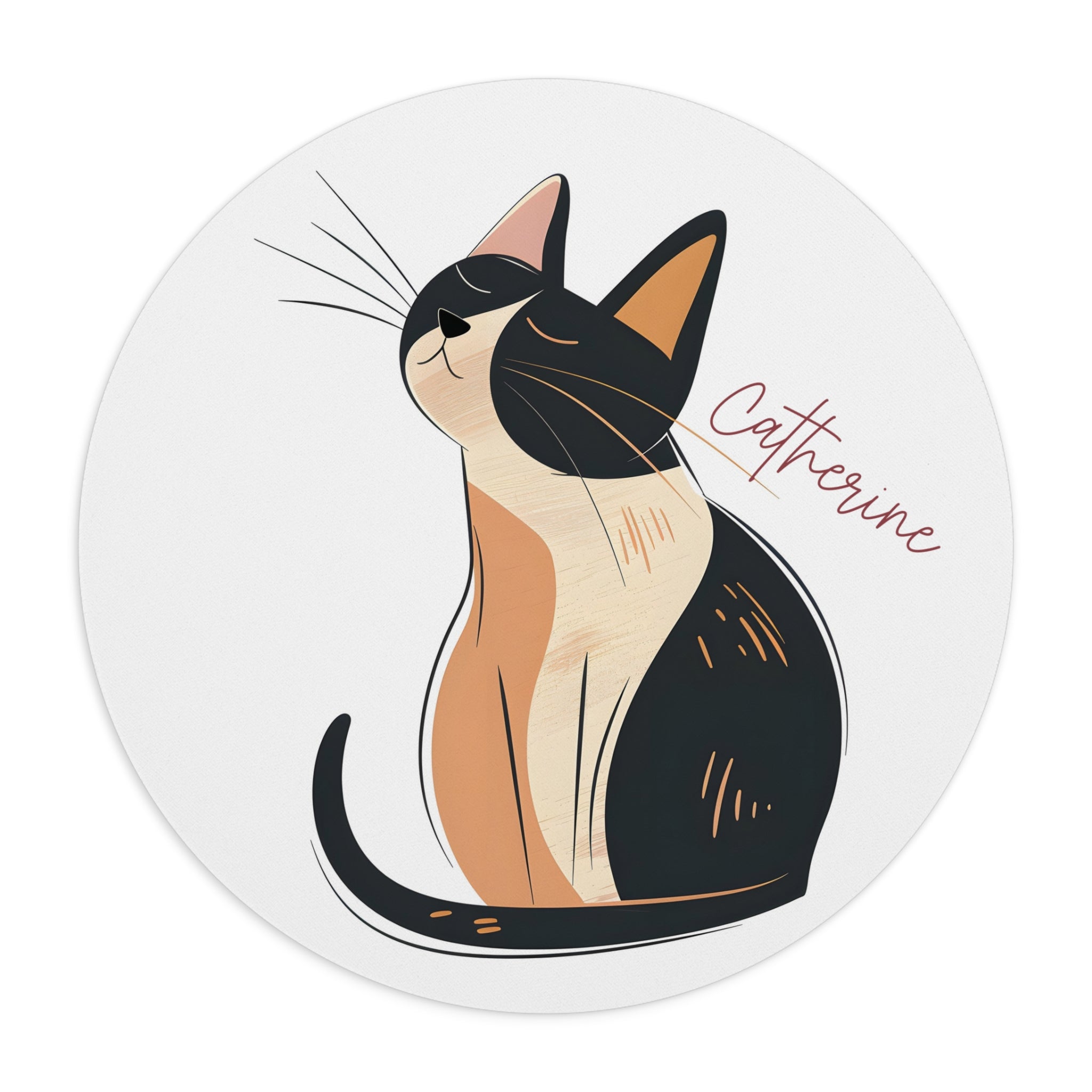 Personalized round cat mouse pad with custom name, calico line art design