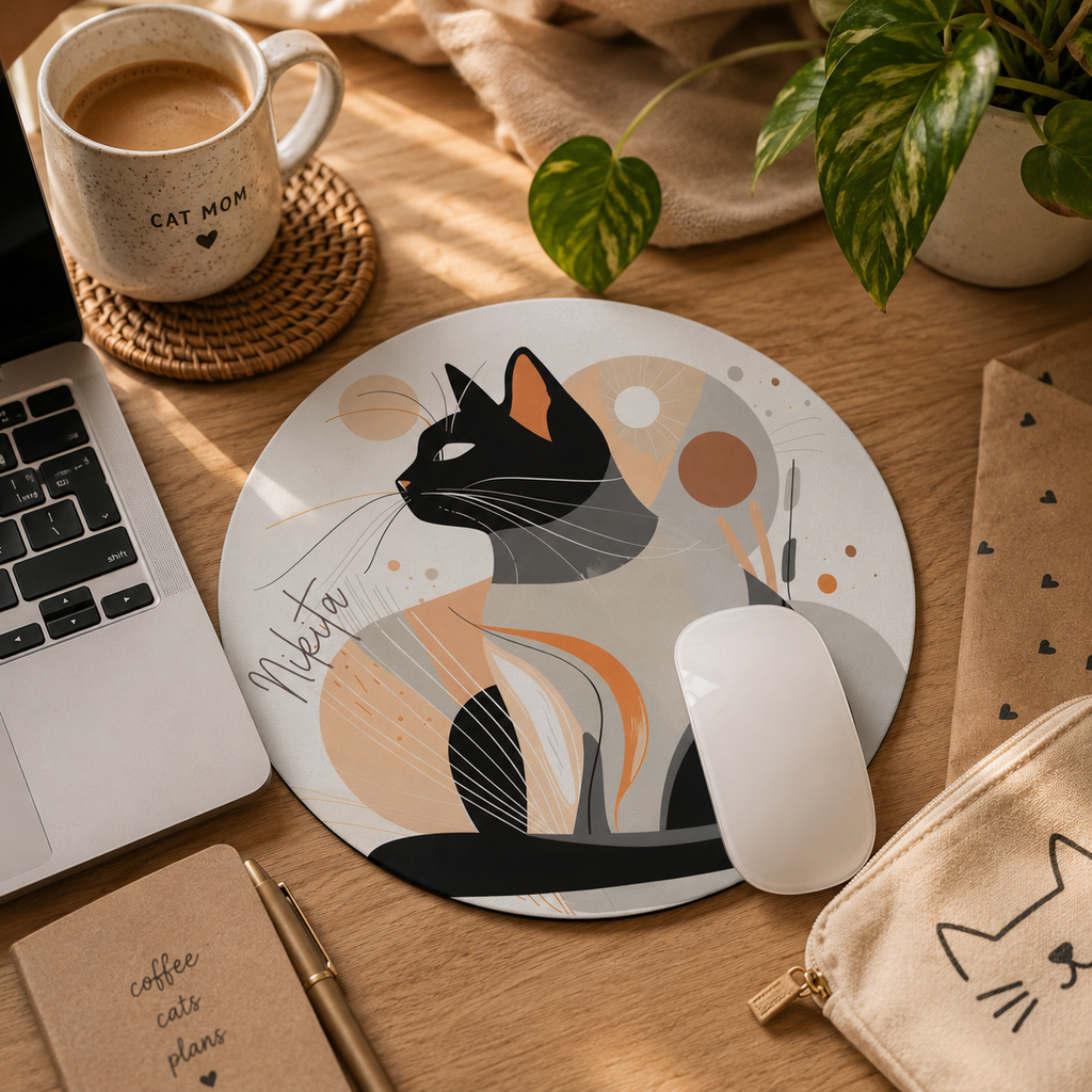 Personalized cat mouse pad styled on a home office desk