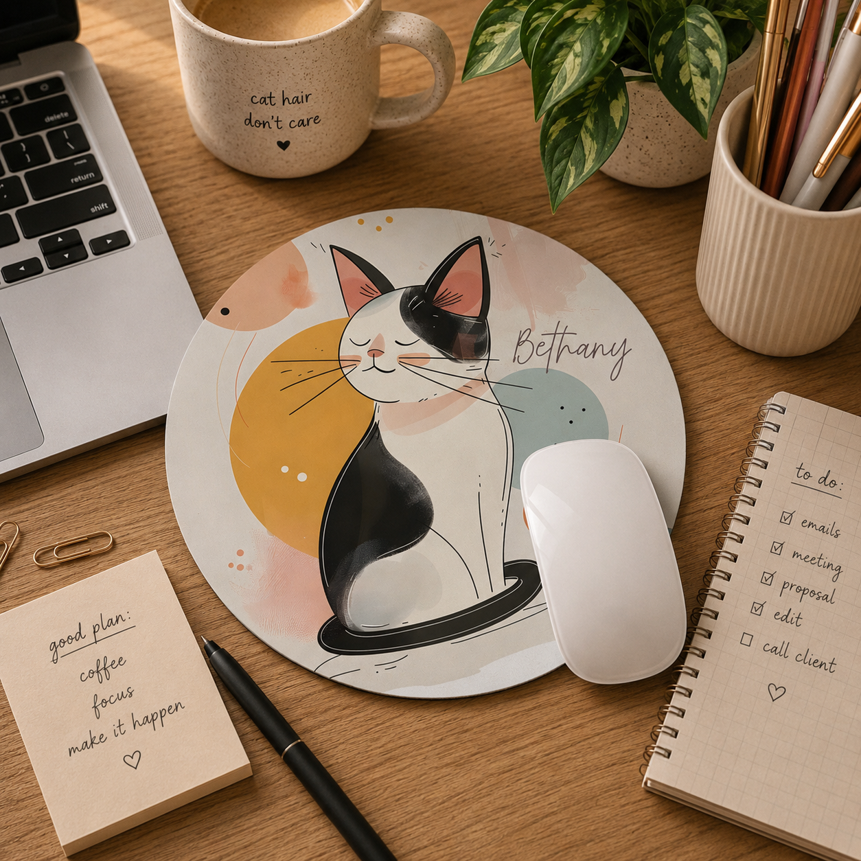 Personalized pastel geometric cat mouse pad styled on a home office desk