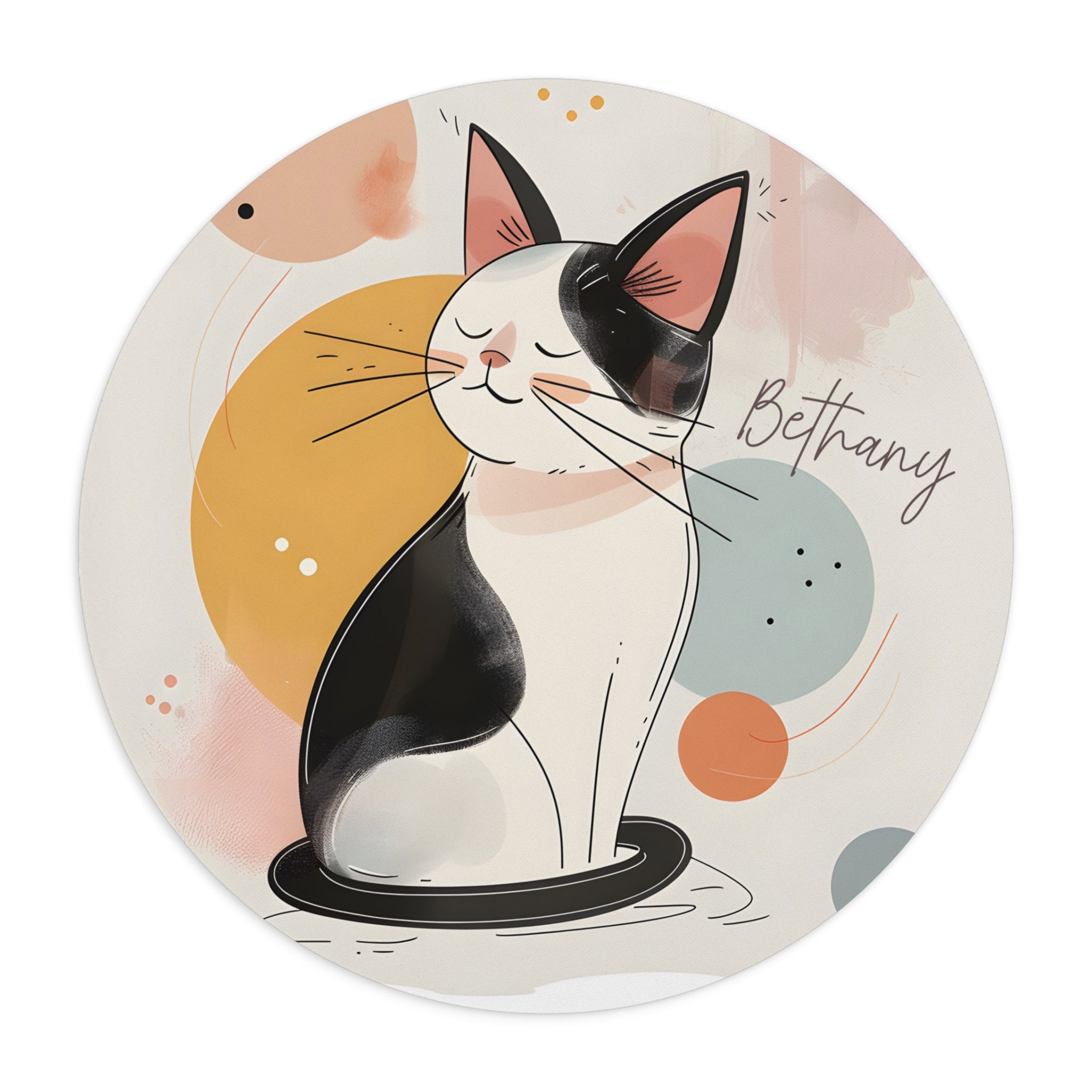 Personalized round cat mouse pad with custom name, pastel geometric design