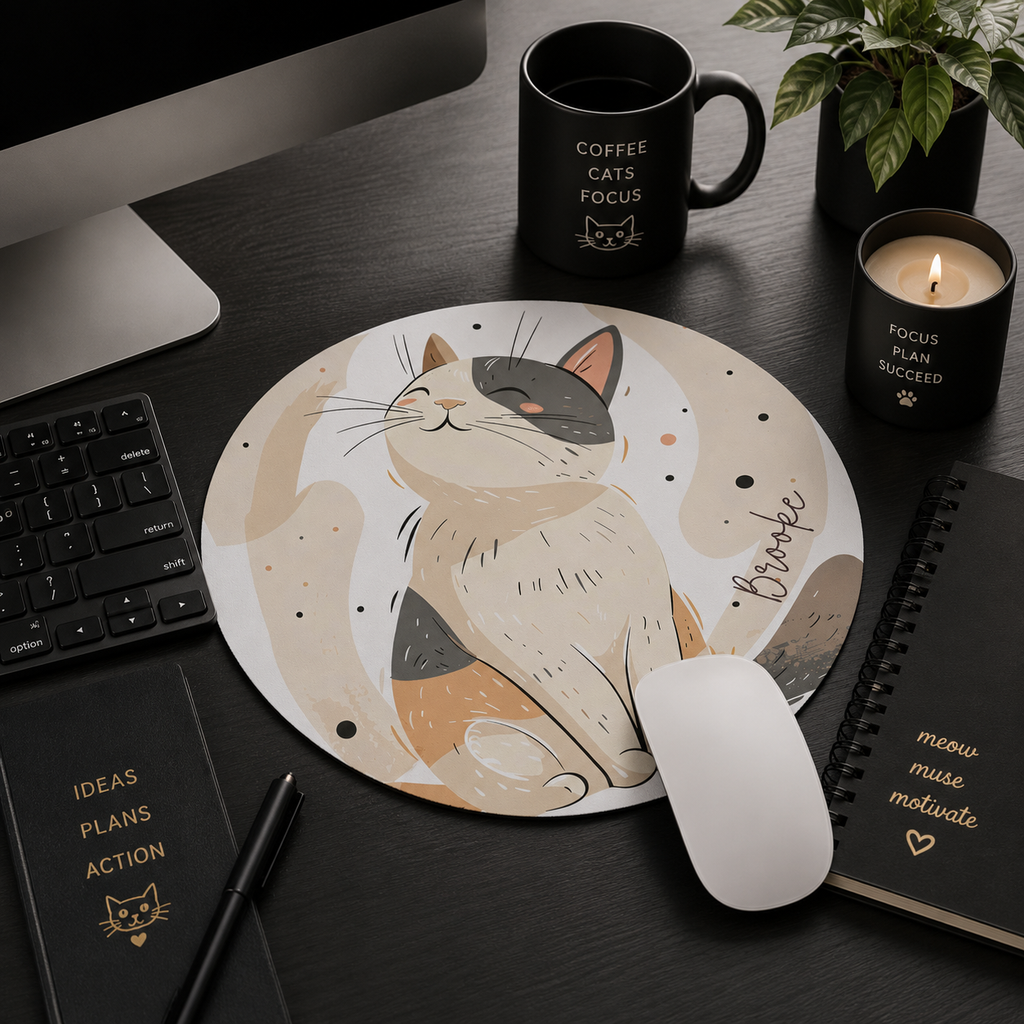 Close-up of neoprene texture and stitched edge on siamese style cat mouse pad
