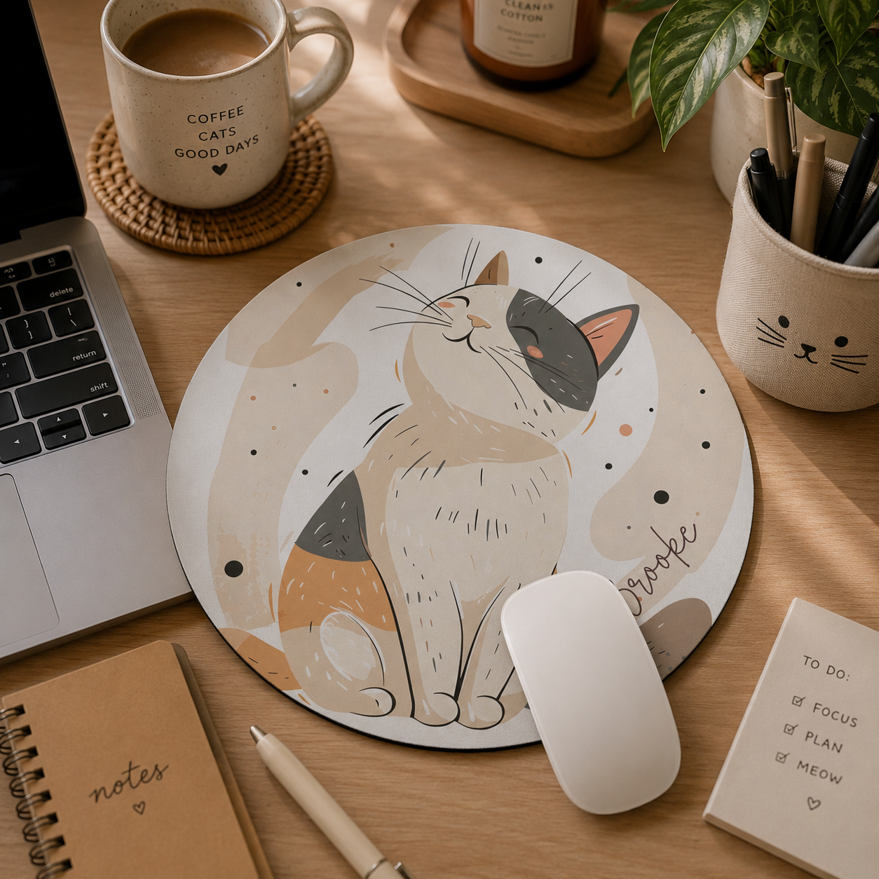 Personalized siamese style cat mouse pad styled on a home office desk