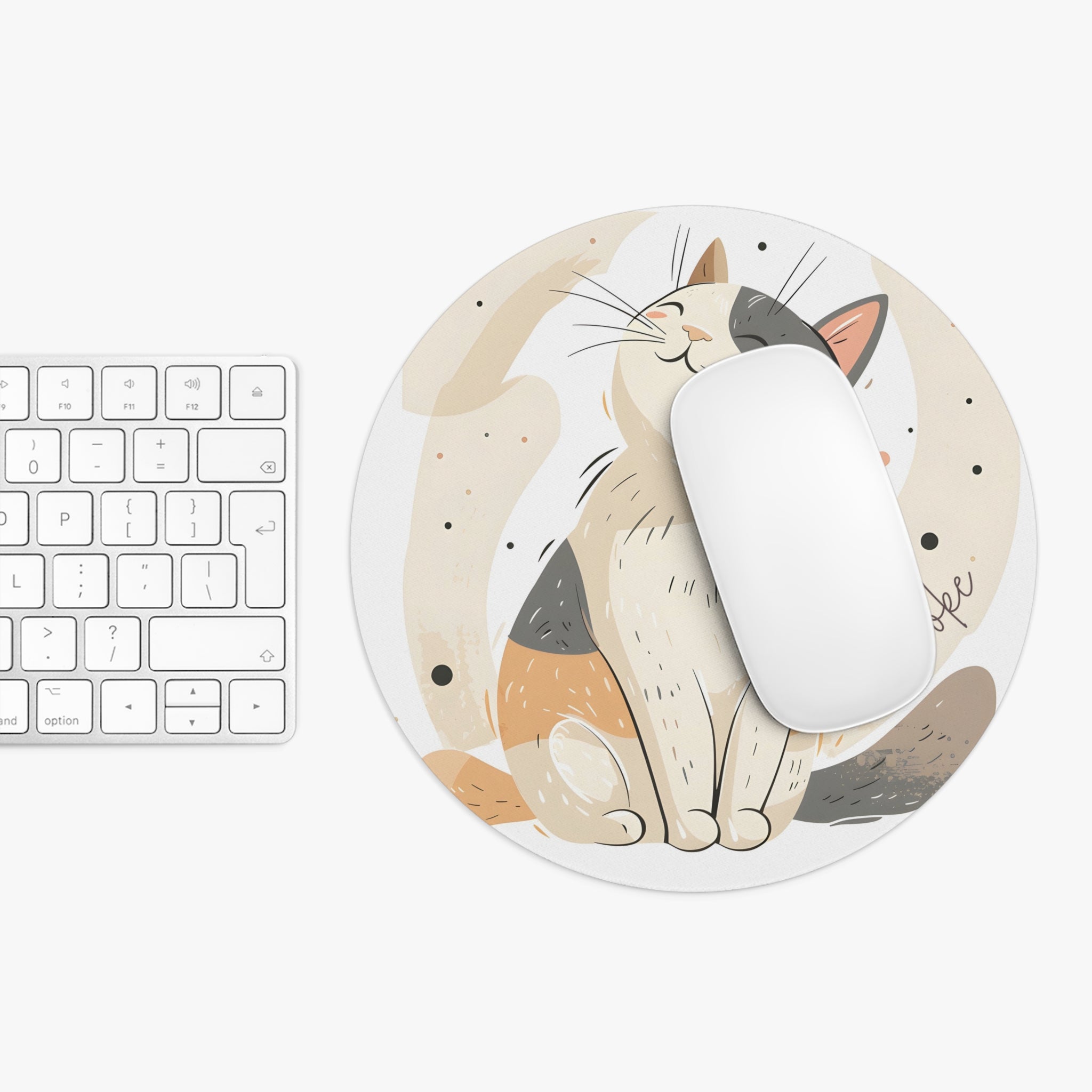 Personalized siamese style cat mouse pad shown at true size next to a keyboard