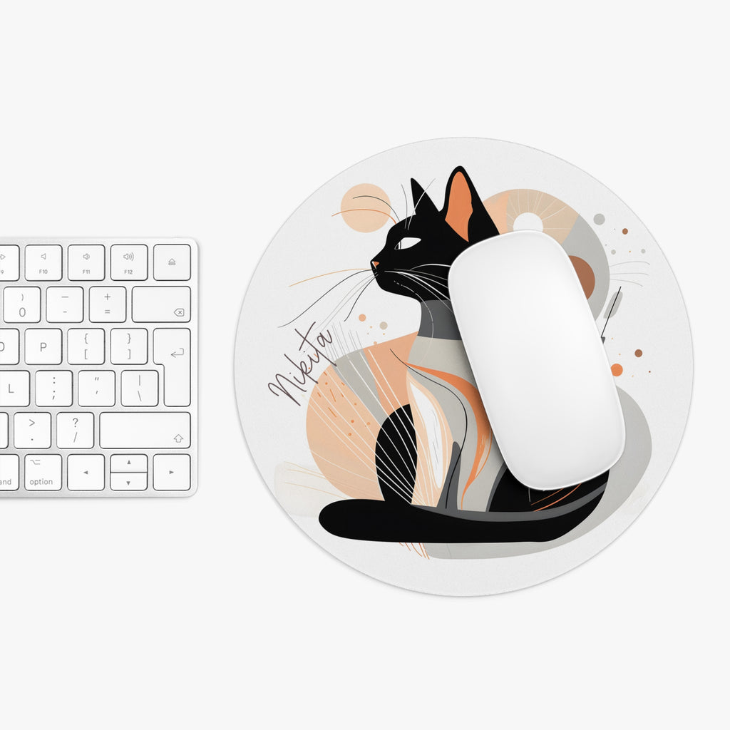 Personalized cat mouse pad shown at true size next to a keyboard