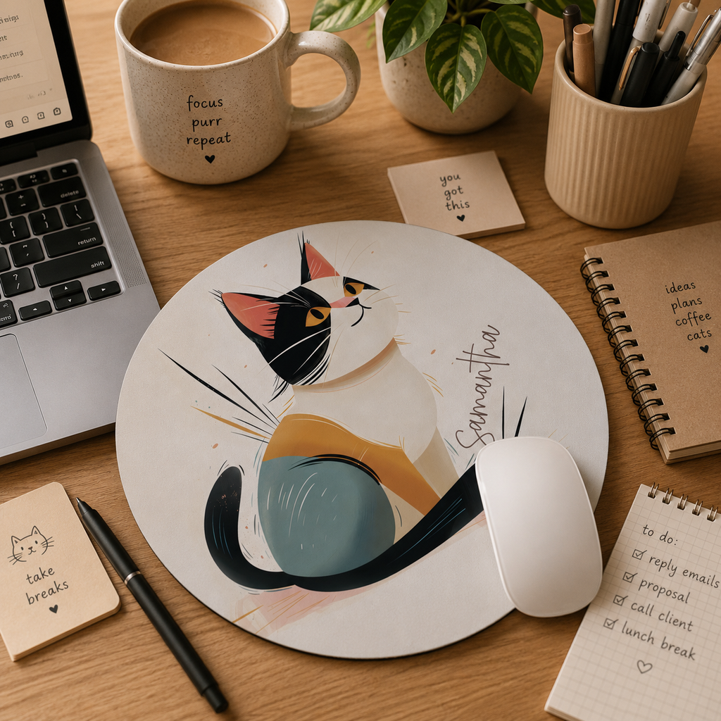 Personalized tricolor cat mouse pad styled on a home office desk