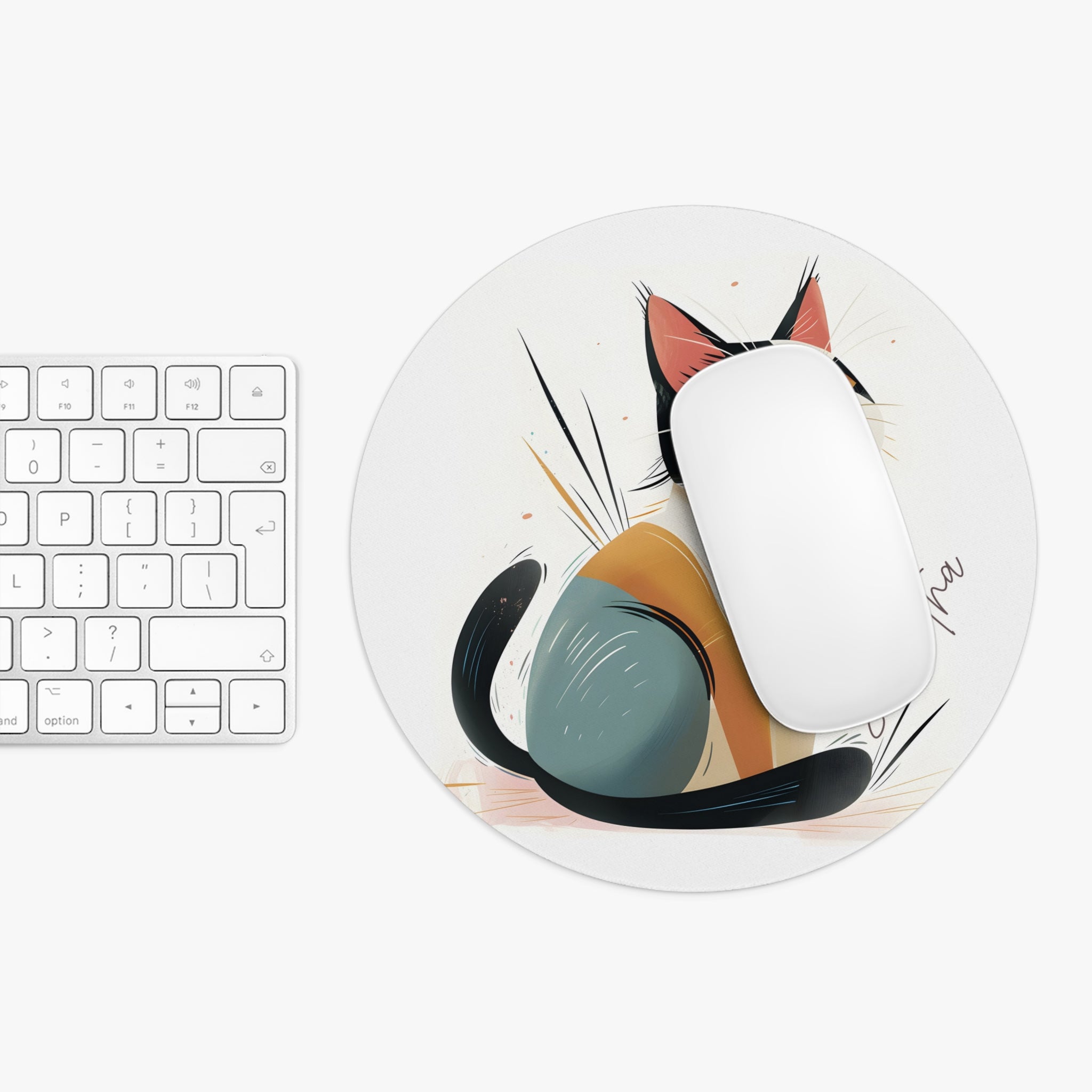 Personalized tricolor cat mouse pad shown at true size next to a keyboard