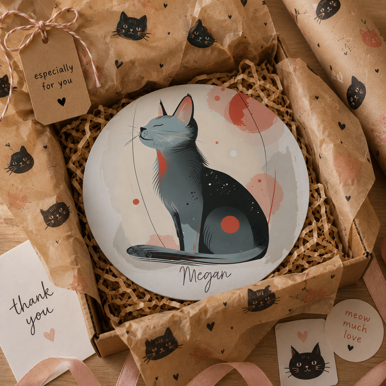 Close-up of neoprene texture and stitched edge on watercolor cat mouse pad