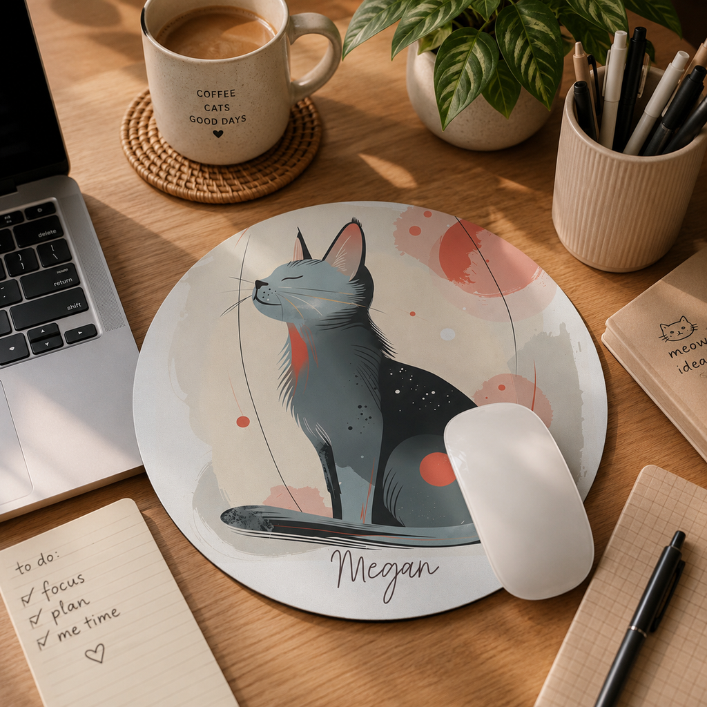 Personalized watercolor cat mouse pad styled on a home office desk