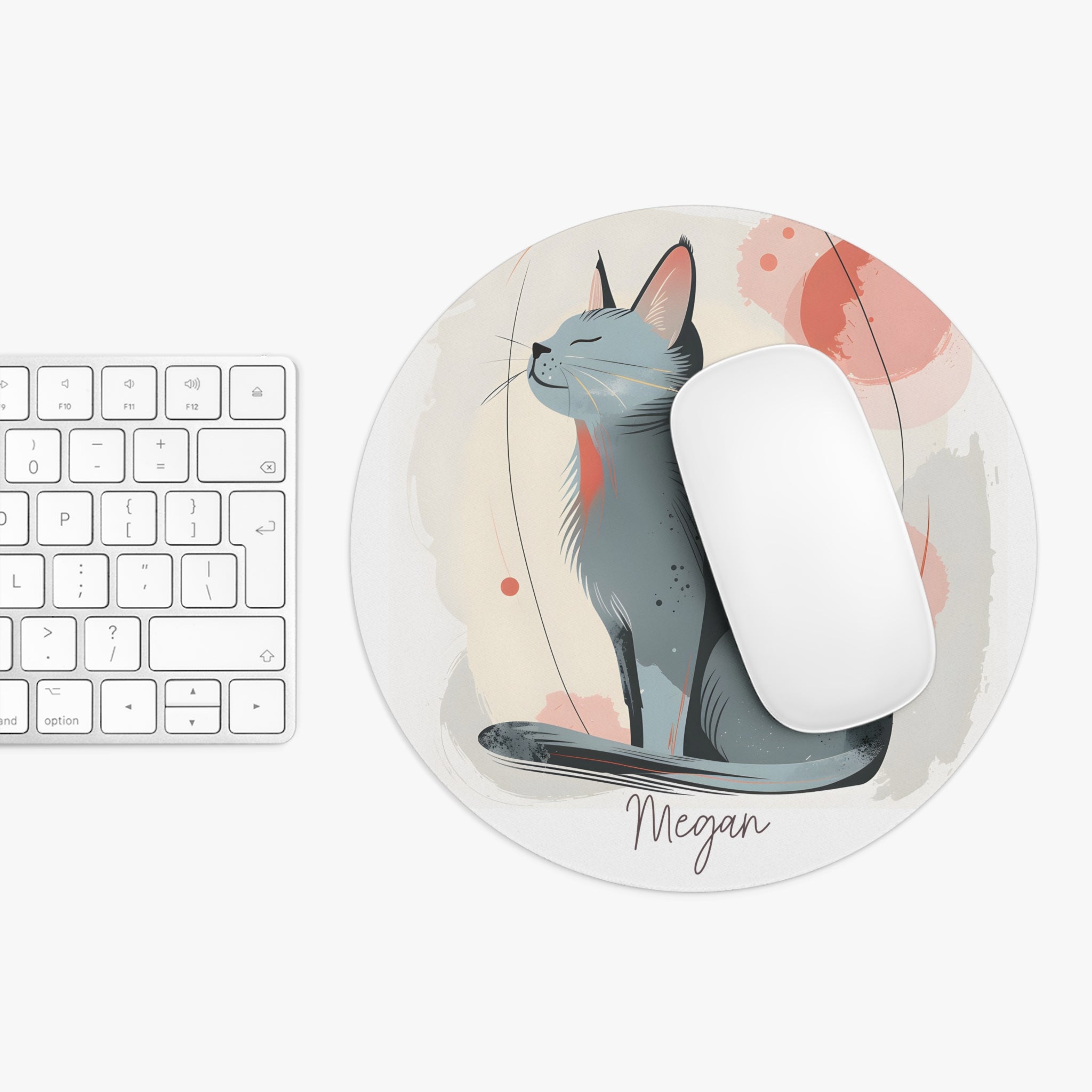 Personalized watercolor cat mouse pad shown at true size next to a keyboard