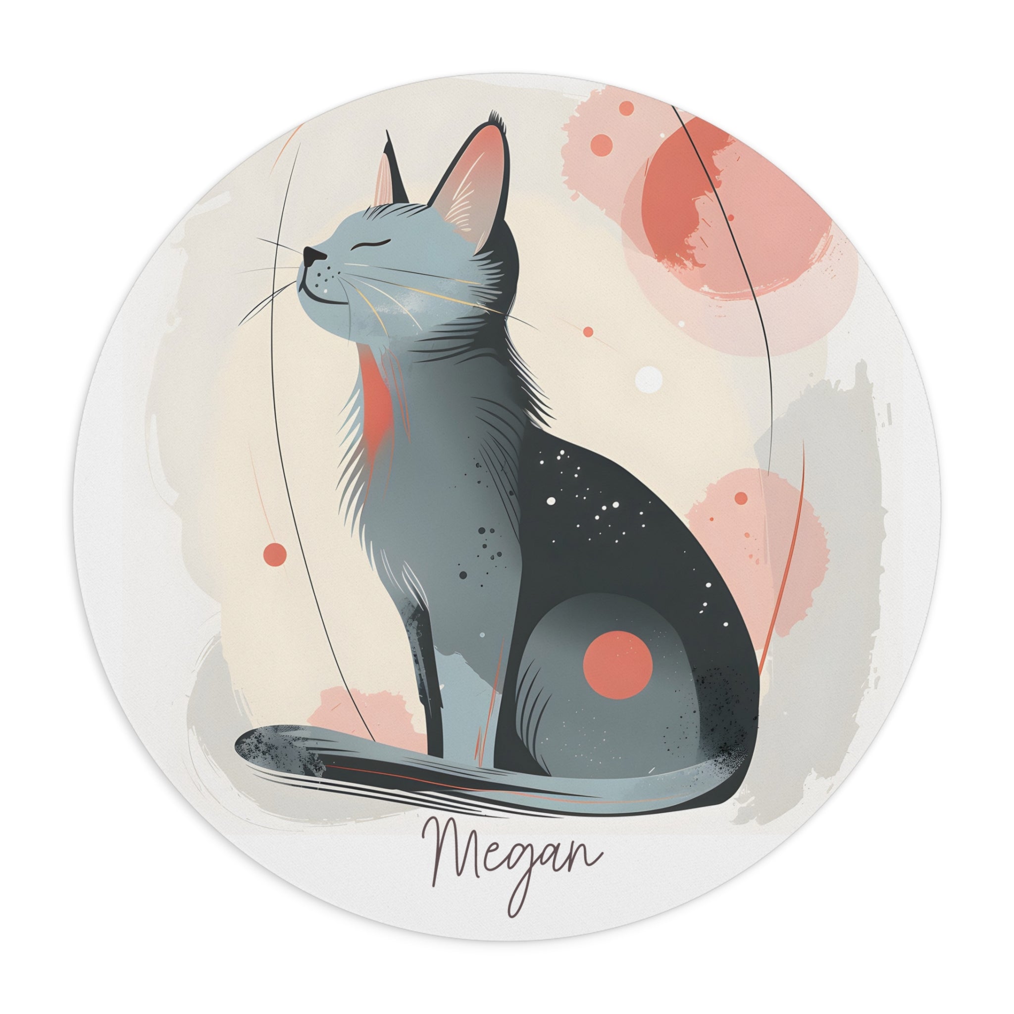 Personalized round cat mouse pad with custom name, watercolor design