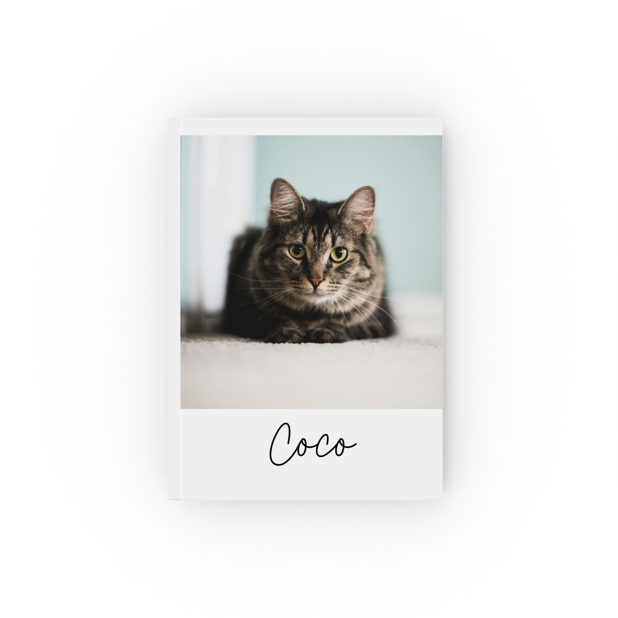 Personalized cat photo journal – white hardcover with tabby cat photo and name Coco in script