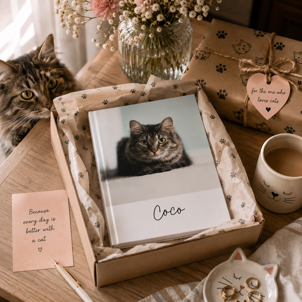 Personalized cat journal lifestyle – on desk with pen, pet photo on cover