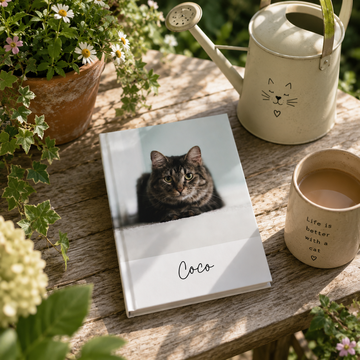 Cat photo journal open flat – casewrap binding showing quality 90gsm pages