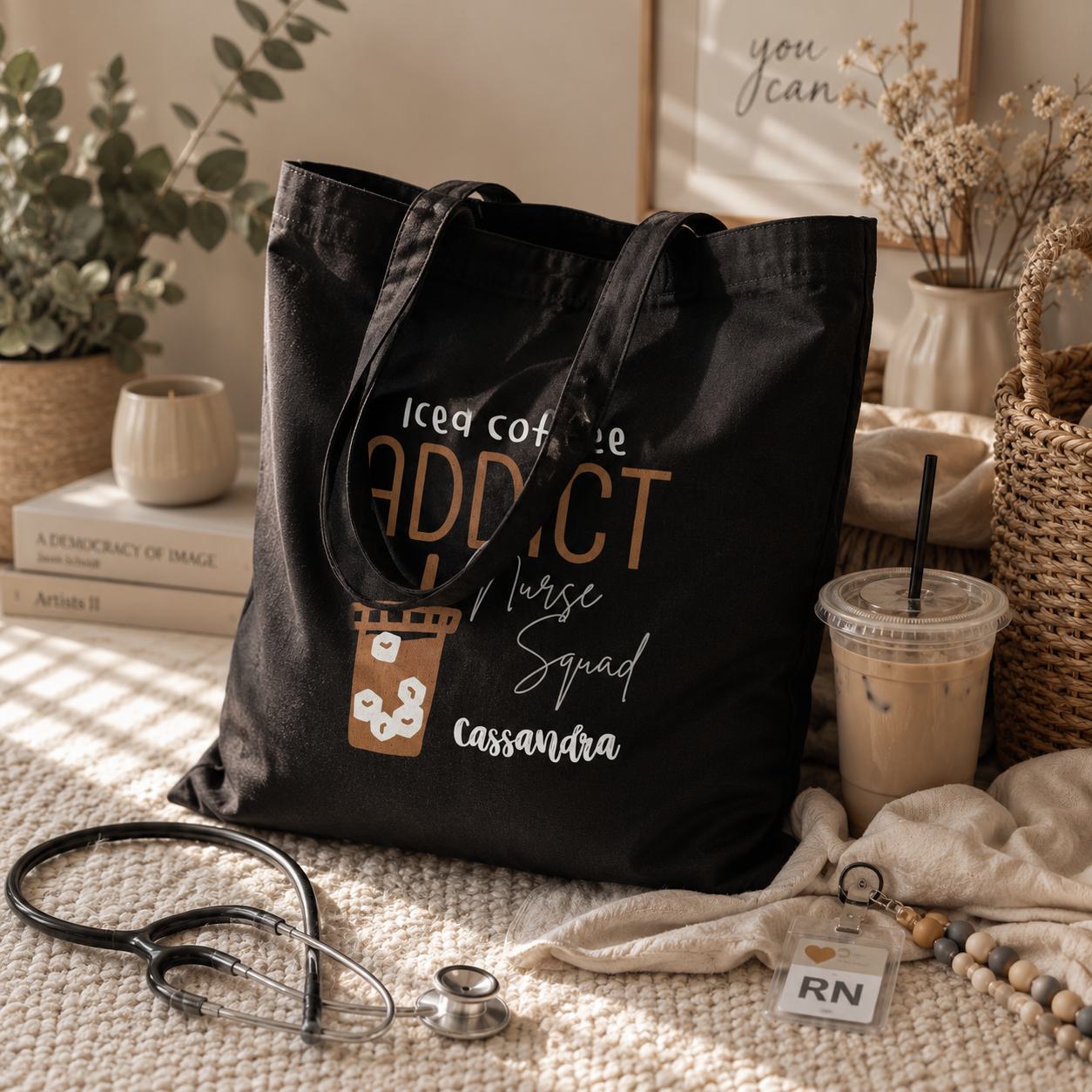 Close-up of iced coffee print and custom name on canvas tote bag