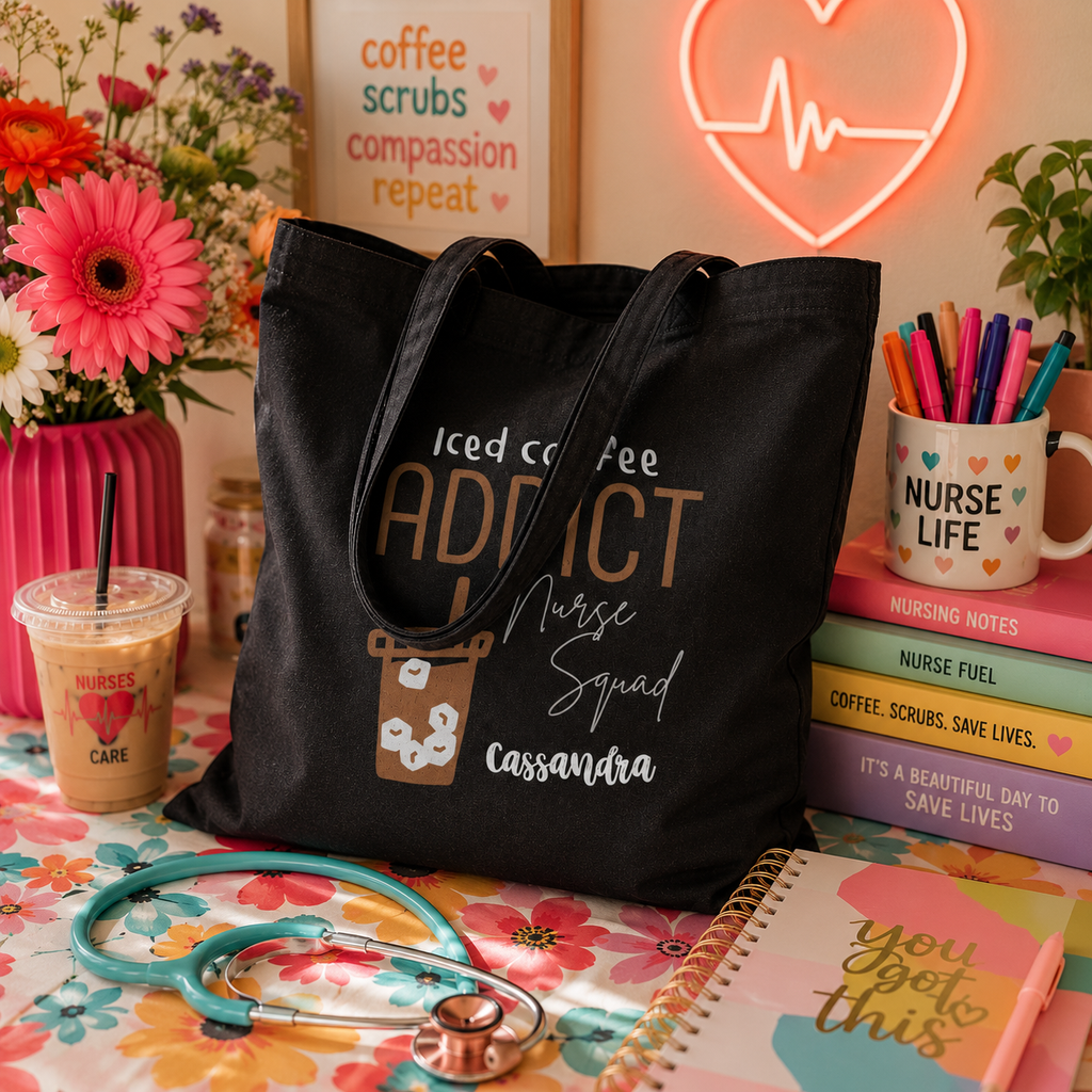 Personalized iced coffee nurse tote bag shown worn on shoulder, lifestyle photo