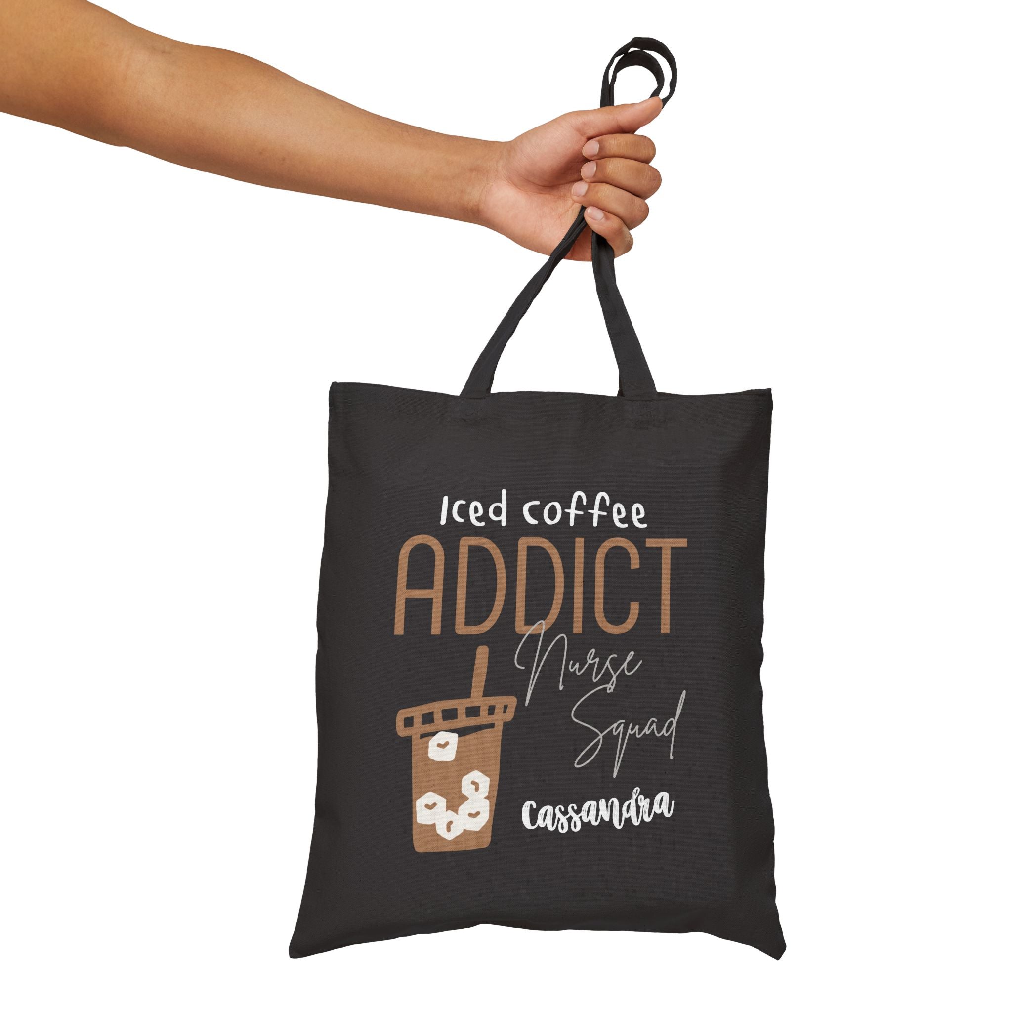 Personalized iced coffee nurse canvas tote bag size and dimensions reference