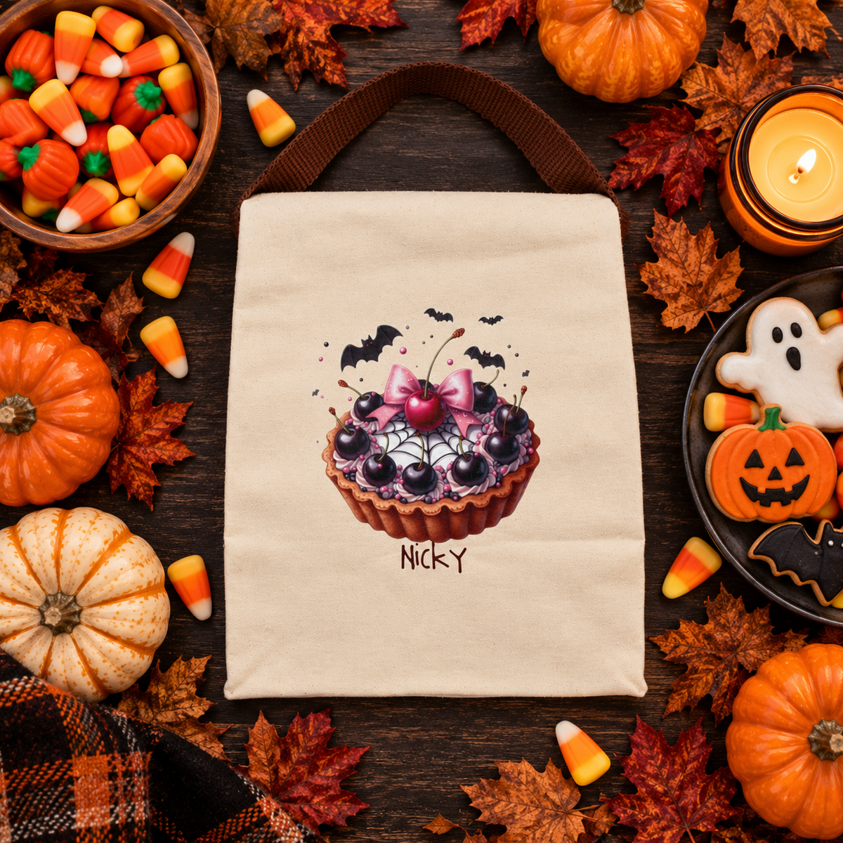Back view of the Halloween cherry tart canvas lunch bag showing the brown strap handle