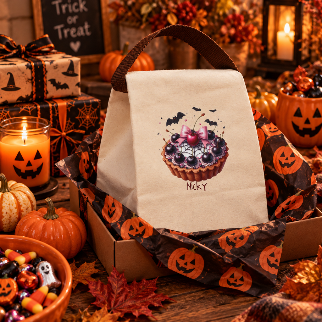 Halloween cherry tart canvas lunch bag shown as a Halloween gift, personalized with custom name