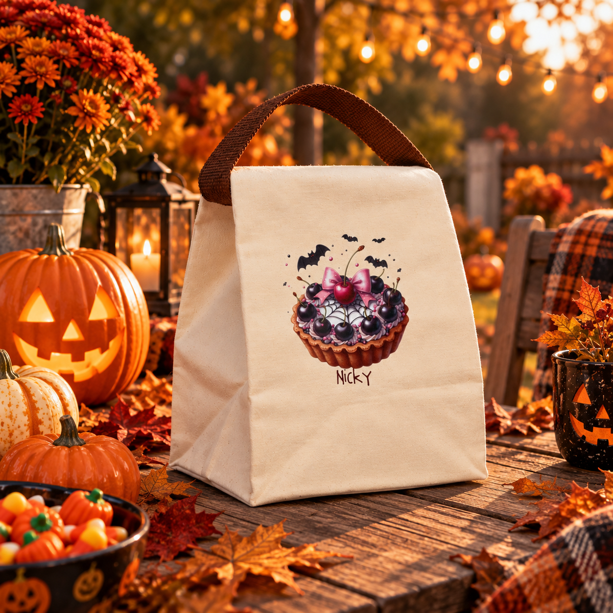 Open view of the Halloween cherry tart canvas lunch bag showing the roomy roll-top interior