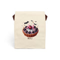 Personalized Halloween cherry tart canvas lunch bag with spiderweb and custom name