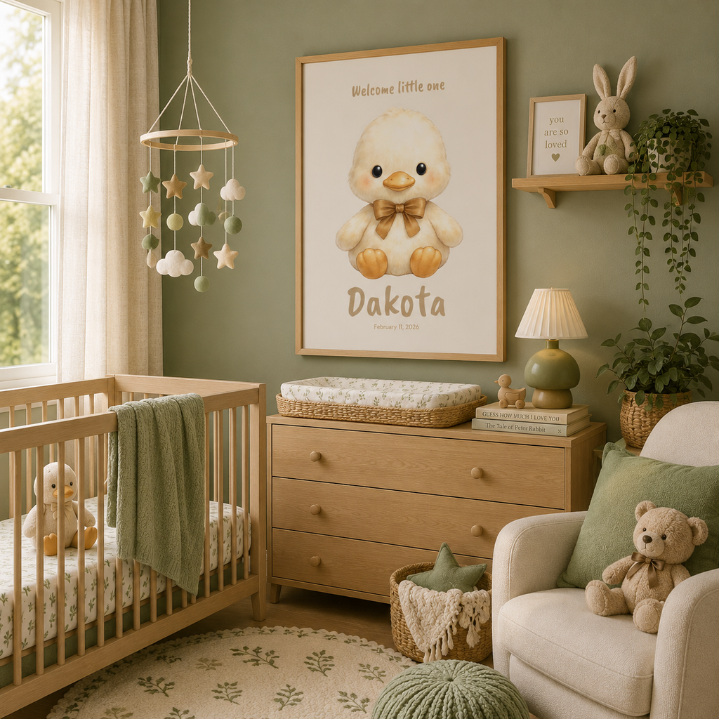 Close-up of chick nursery poster showing personalized name and birth date