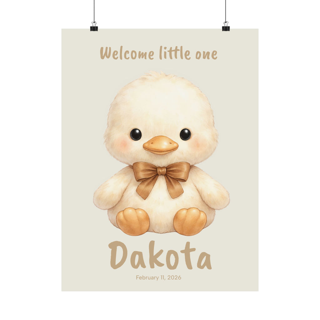 Personalized fluffy chick with bow nursery poster, custom baby name and birth date