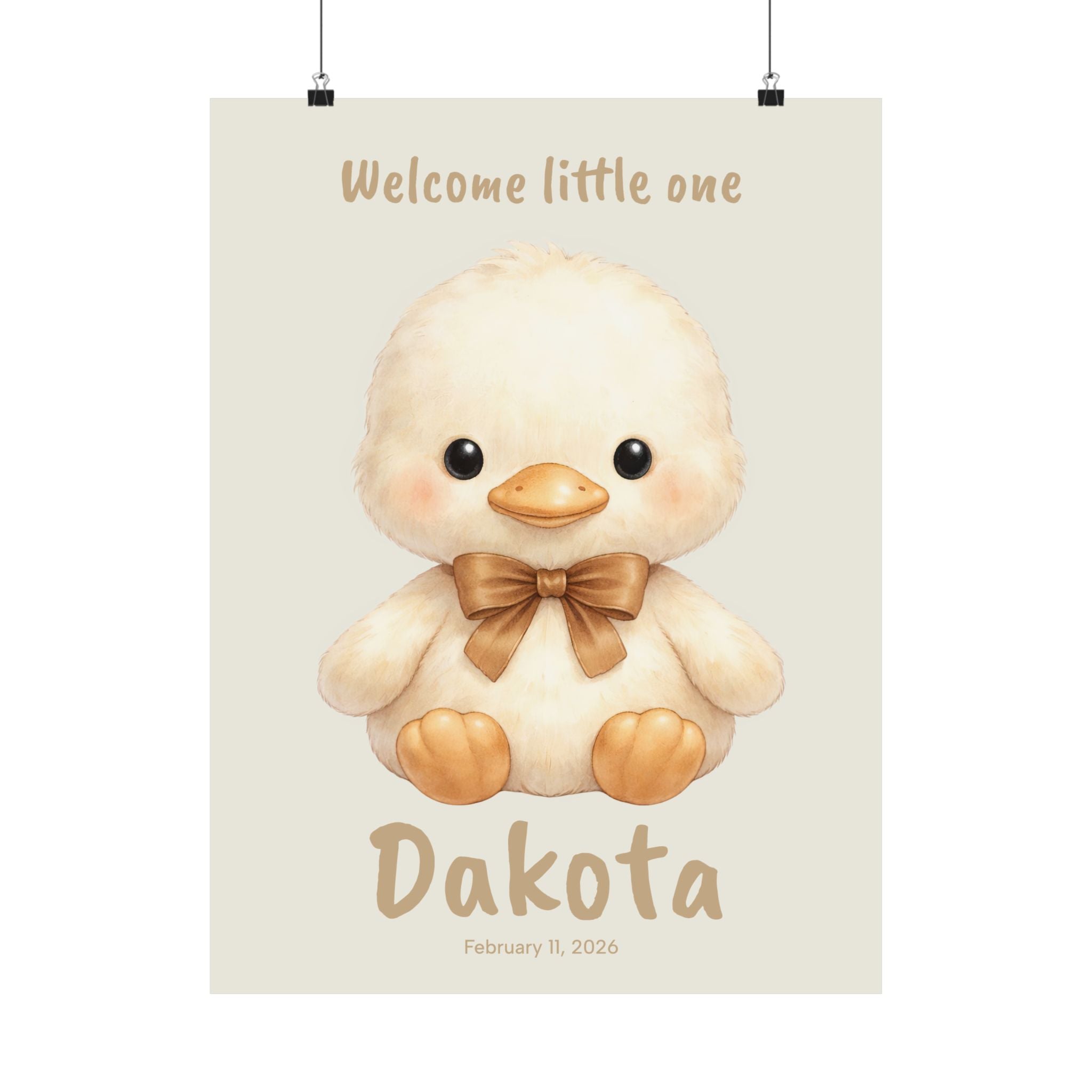 Personalized fluffy chick with bow nursery poster, custom baby name and birth date