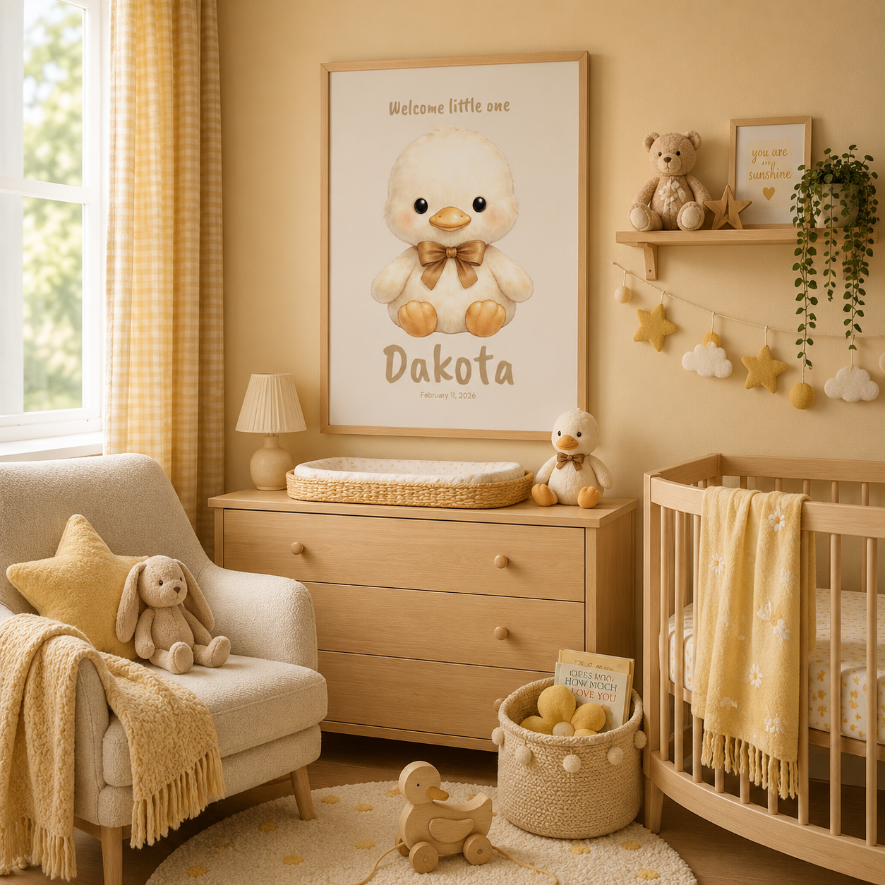 Round cream chick baby name poster displayed in nursery room setting