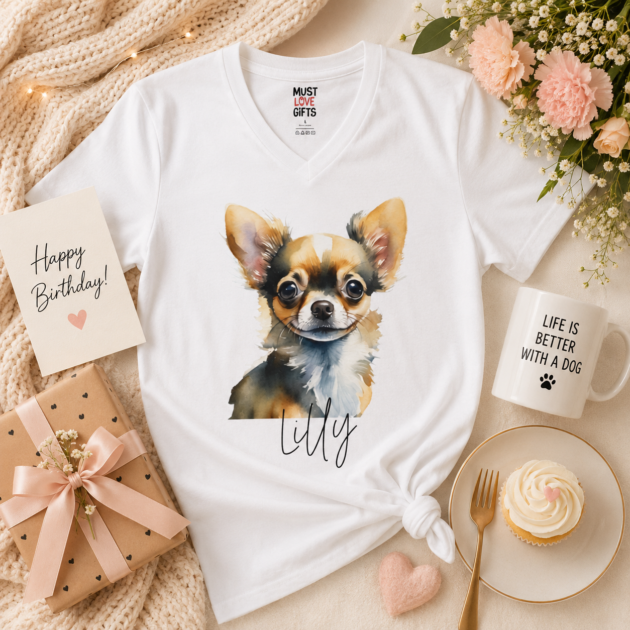 Long-hair Chihuahua tee close-up - watercolor portrait with name in script