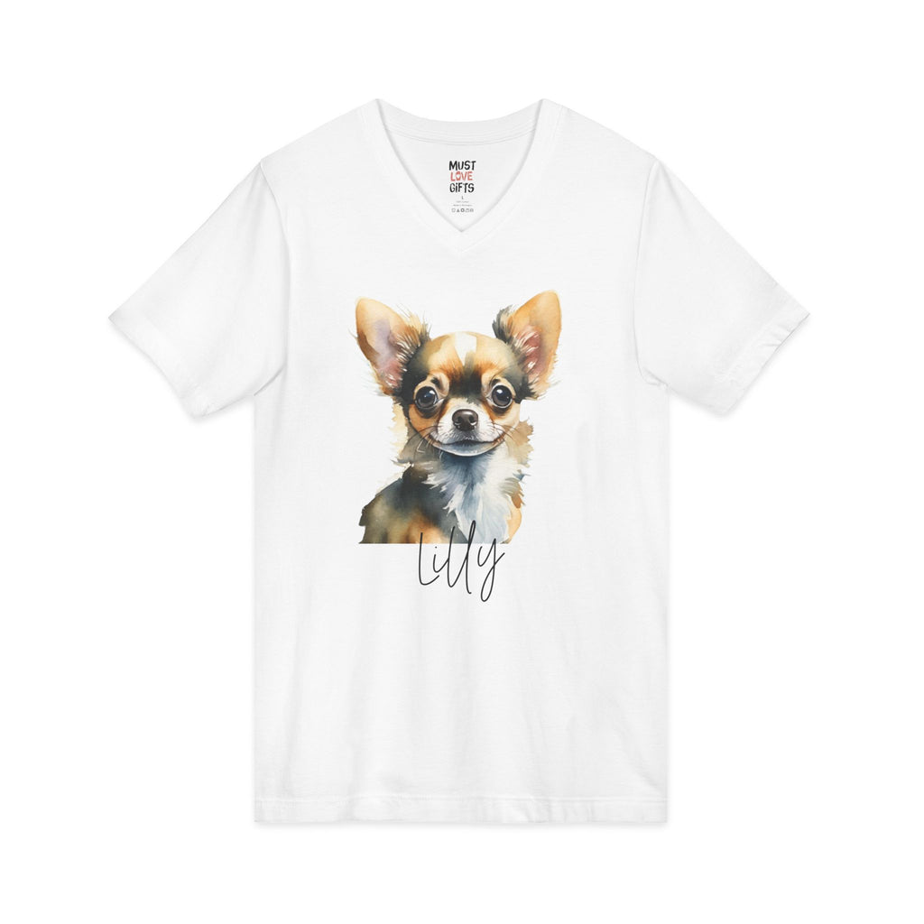 Personalized long-hair Chihuahua watercolor tee front view - white V-neck with dog portrait