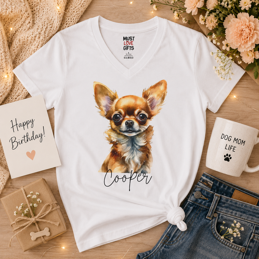 Short-hair Chihuahua tee close-up - warm watercolor portrait with script name