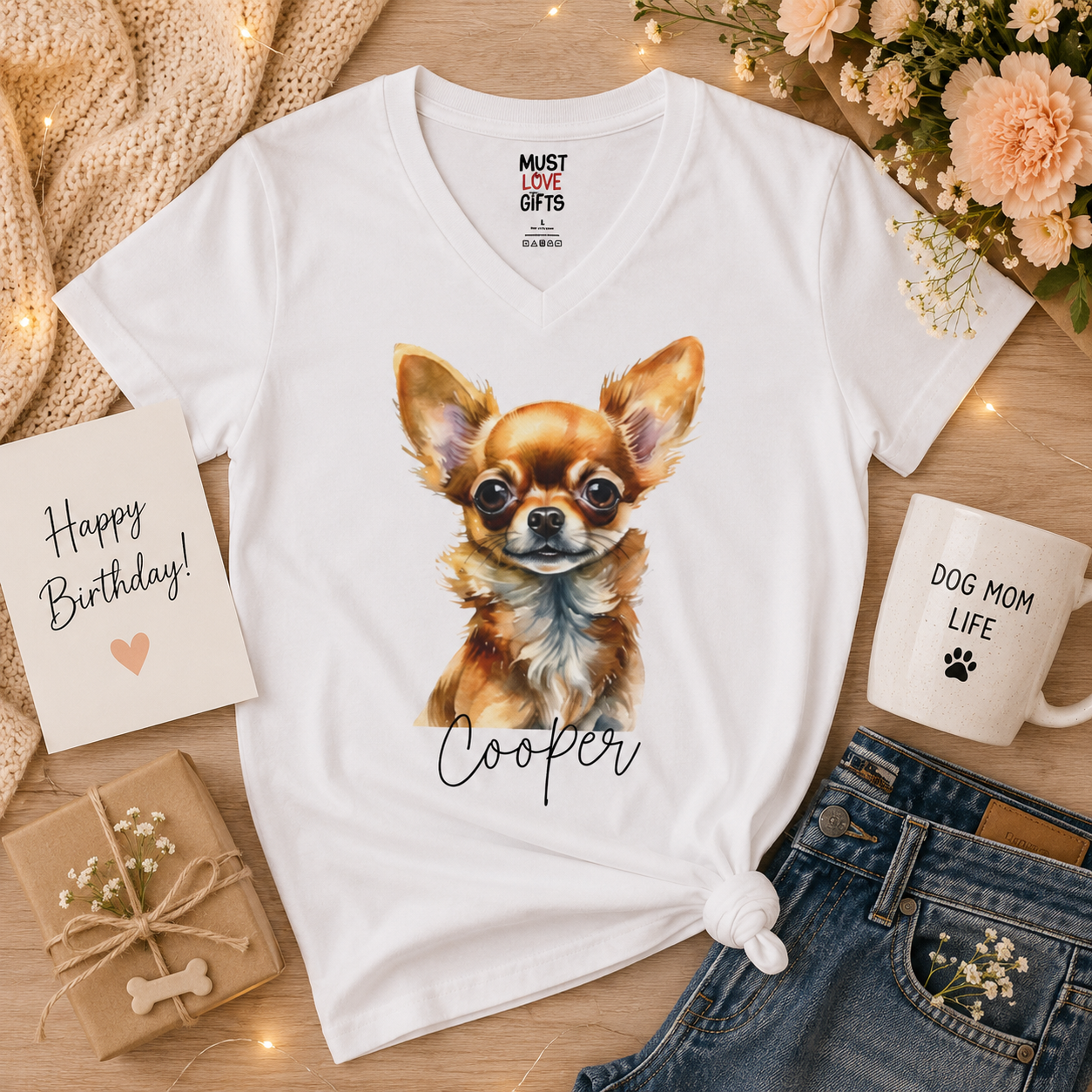 Short-hair Chihuahua tee close-up - warm watercolor portrait with script name