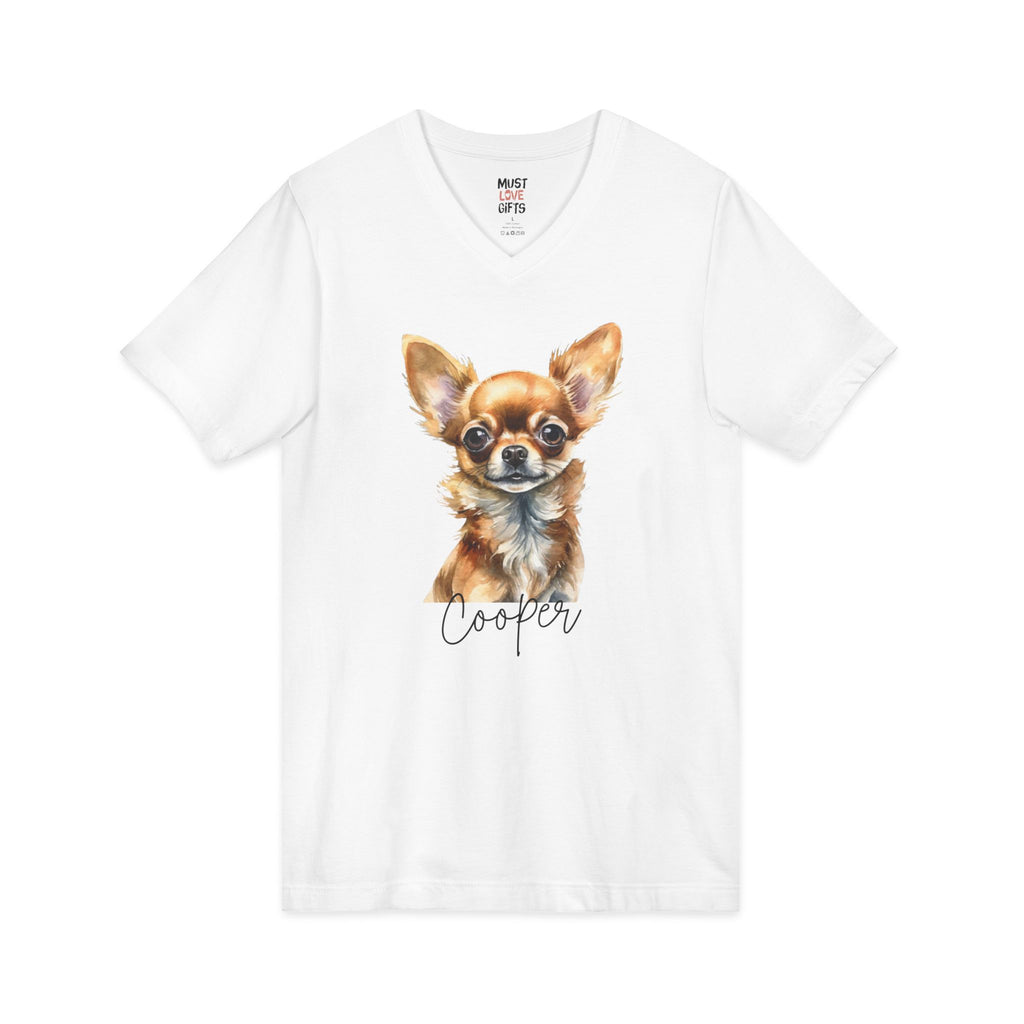 Personalized short-hair Chihuahua watercolor tee front view - warm golden portrait on white V-neck