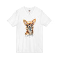 Personalized short-hair Chihuahua watercolor tee front view - warm golden portrait on white V-neck