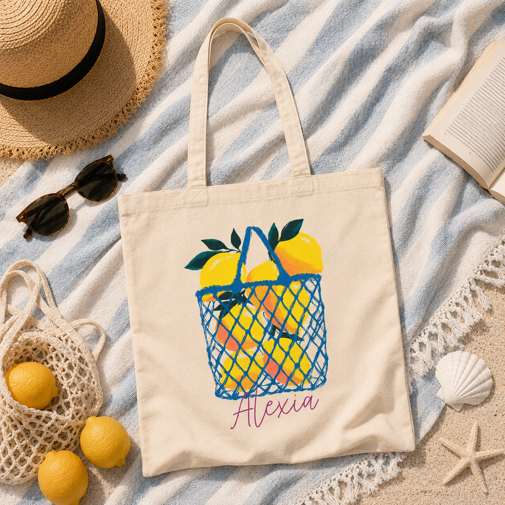 Personalized citrus basket tote bag shown worn on shoulder, lifestyle photo