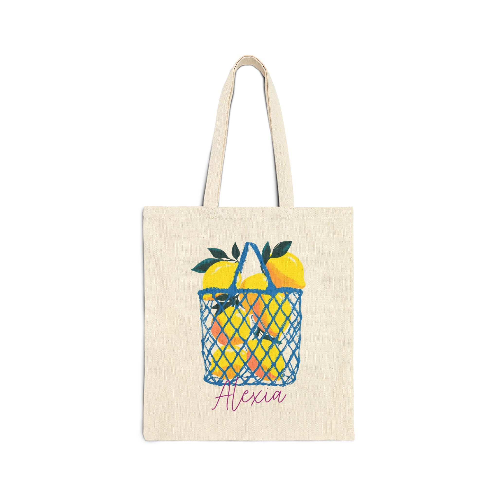Personalized citrus basket canvas tote bag with custom name