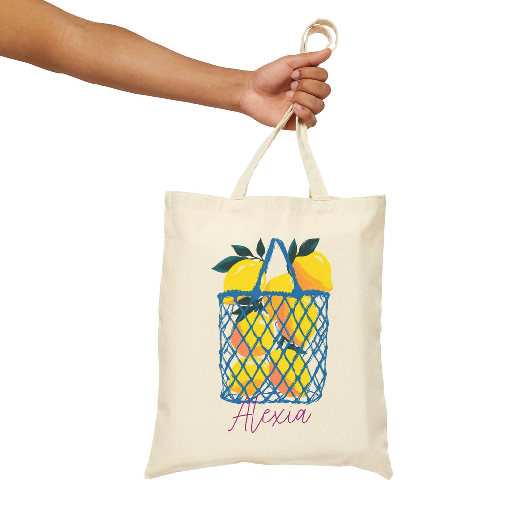 Personalized citrus basket canvas tote bag size and dimensions reference