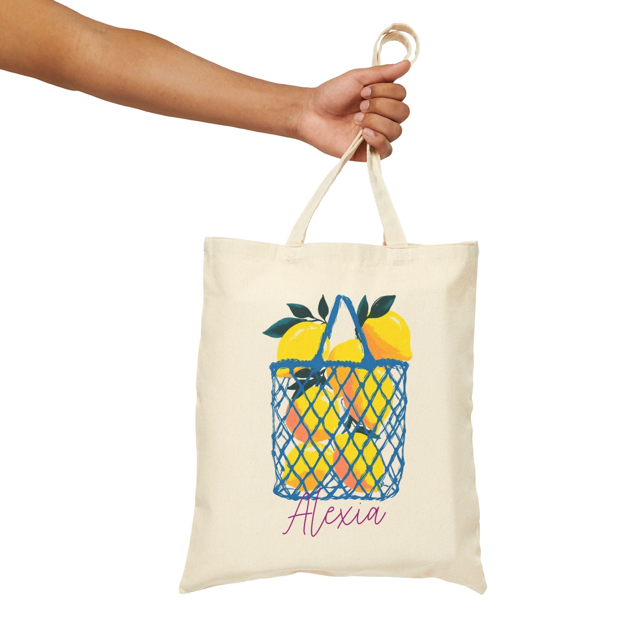 Personalized citrus basket canvas tote bag size and dimensions reference