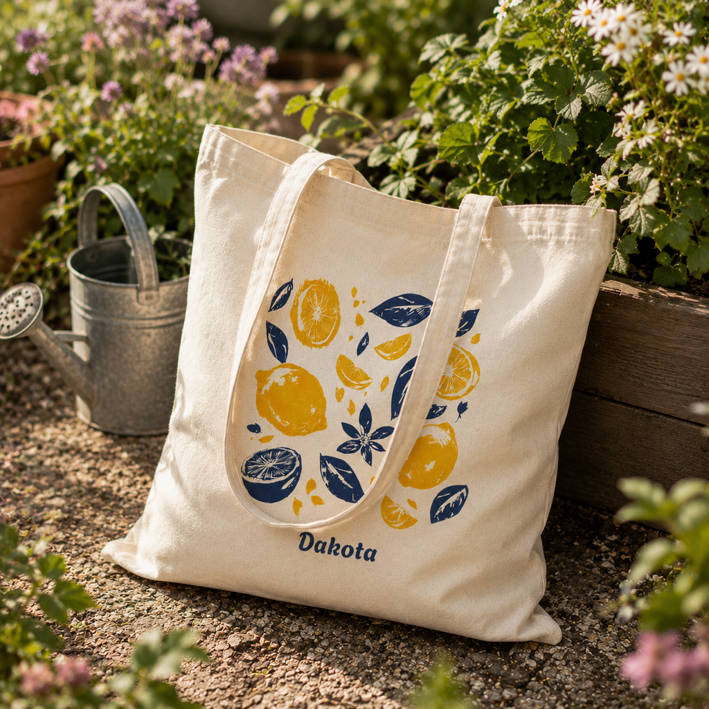 Personalized citrus block print tote bag shown worn on shoulder, lifestyle photo